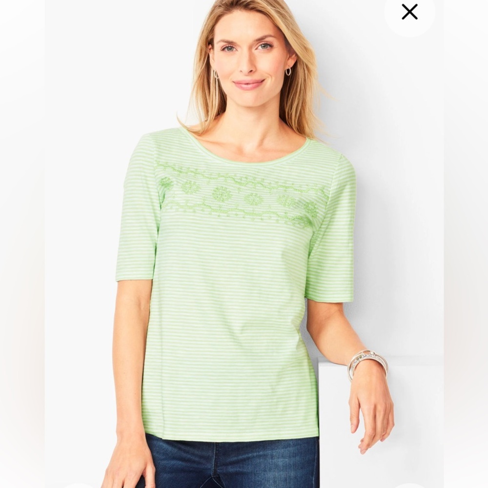 •Talbots Lime Green Embroidered Striped Slub Tee Shirt #S1